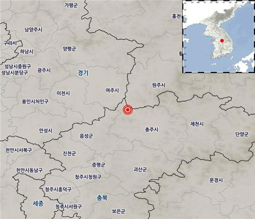 7일 새벽 지진이 발생한 충북 충주시 북서쪽 22㎞ 지역. [기상청 제공]